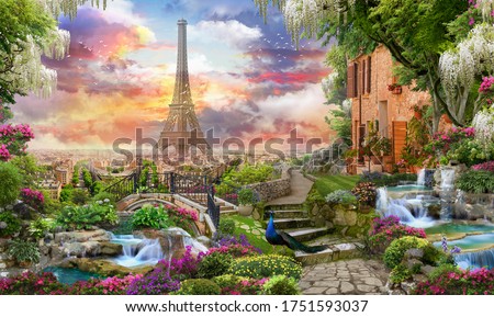 Beautiful collage with access to the Paris, the ancient houses of Italy, flowers and waterfalls. Digital collage , mural and fresco. Wallpaper. Poster design. Modular panno.