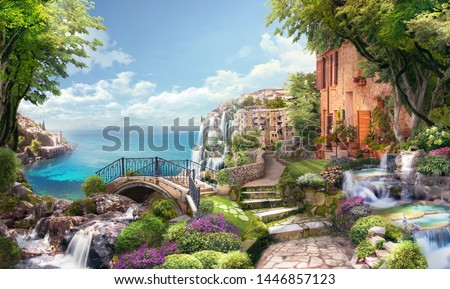 Beautiful collage with access to the sea, the ancient houses of Italy, flowers and waterfalls. Digital collage , mural and fresco. Wallpaper. Poster design. Modular panno. 3d render
