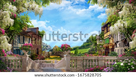 Beautiful collage with access to the sea, the ancient houses of Italy, flowers and waterfalls. Digital fresco. Wallpaper. Poster design. 3d render