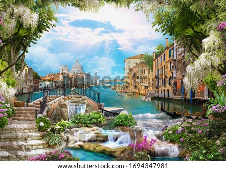Beautiful collage with access to the sea, the ancient houses of Venice, flowers and waterfalls. Digital collage , mural and fresco. Wallpaper. Poster design. Modular panno. 3d render
