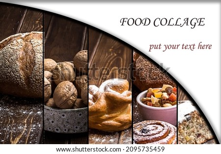 A beautiful collage of bread, rolls, walnut and stollen. Vertical with space for text