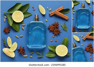 Beautiful Collage With Photos Of Luxury Perfume And Ingredients Represent Its Fragrance Notes On Blue Background, Top View