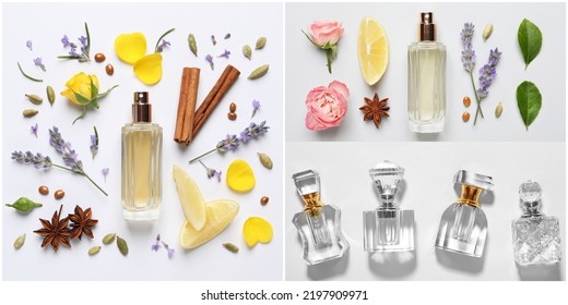 Beautiful Collage With Photos Of Luxury Perfume And Ingredients Represent Their Fragrance Notes On Light Background, Top View. Banner Design