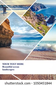 Beautiful collage with space for text, views of the ocean, the coast of Portugal, a tourist collage with seascapes