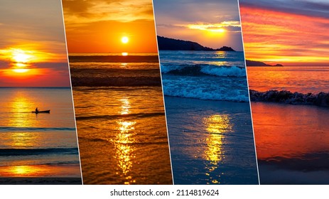 Beautiful collage of tropical sunset images, beach, red orange blue sky, sun and clouds at twilight. Set of pictures with Thai beach in evening. Asian travel, vacation concept