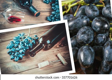 Beautiful collage with the wine in the glass,  in bottle and grapes on wooden background - Shutterstock ID 337701626