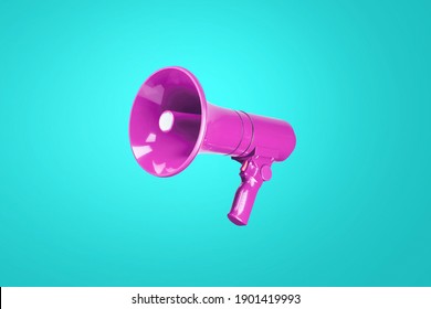 Beautiful colored pink megaphone on a cold blue background. A combination of complimentary colors. Advertising and message concept