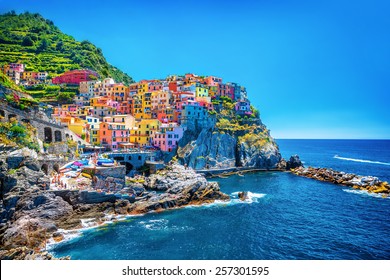 Beautiful colorful cityscape on the mountains over Mediterranean sea, Europe, Cinque Terre, traditional Italian architecture - Shutterstock ID 257301595