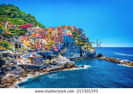Beautiful colorful cityscape on the mountains over Mediterranean sea, Europe, Cinque Terre, traditional Italian architecture