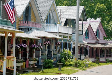 Beautiful colorful gingerbread houses, cottages in Oak Bluffs center, Martha's Vineyard island in Massachusetts USA on a sunny summer day - Shutterstock ID 2335931753