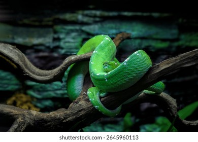 Beautiful colorful Green tree python or Chondro python (morelia viridis) climbing on brown dry wood and look at camera. This snake discovered in Aru Island of Papua New Guinea.