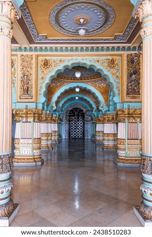 Beautiful and colorful interior of high detail Historic Mysore Maharaja palace