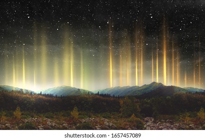 Beautiful Colorful Light Pillars At Night Over The Mountains