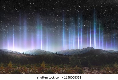Beautiful colorful light pillars at night over the mountains - Shutterstock ID 1658008351