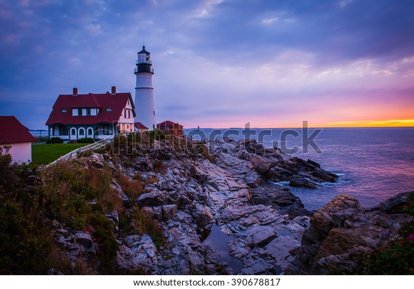 Beautiful Colorful Lighthouse Along Atlantic Ocean Stock Photo (Edit