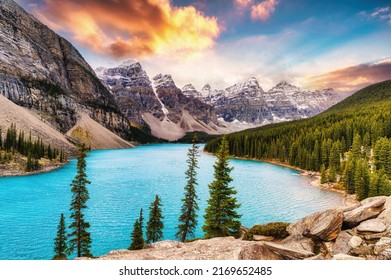 Beautiful colorful Moraine lake with mountain range in Canadian Rockies in the morning at Banff national park, AB, Canada - Shutterstock ID 2169652485