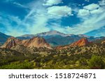 Beautiful Colorful Pikes Peak Mountain range and Garden of the Gods Rock Garden landscape