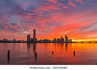Beautiful Colorful   Sunset of the 63 building in harmony with Han river. at business District in Seoul City South Korea.