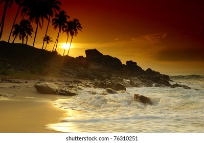 Beautiful colorful sunset over sea and boulders seen under the palms on Sri Lanka