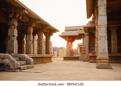 Beautiful columns architecture of ancient ruins of Hazara Rama temple in Hampi, Karnataka, India
