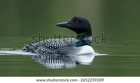 a beautiful common loon bird with reflection,common loon or great northern diver (Gavia immer) fishing.
