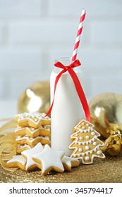 Beautiful Composition With Christmas Cookies And Milk