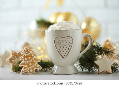 Beautiful composition with cup of cappuccino and Christmas cookies - Powered by Shutterstock