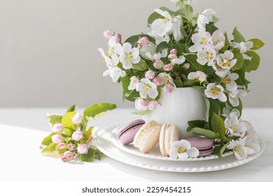 Beautiful composition with delicious French macarons and spring flowers in a white cup. Sweet dessert, early spring white and pink flowers, wedding decor, bride morning. Greeting card