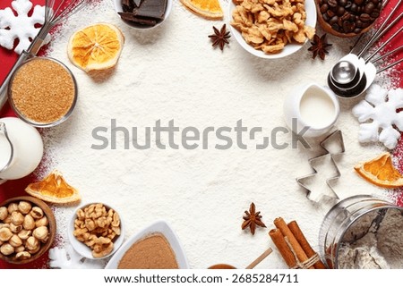Beautiful composition with different ingredients for preparing Christmas pie, closeup