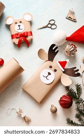 Beautiful composition with present boxes and Christmas toys on blue grunge background