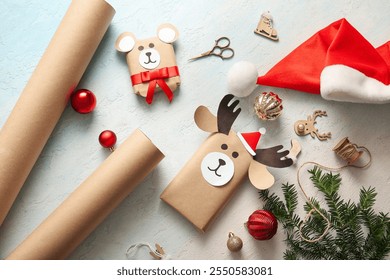 Beautiful composition with present boxes, Santa hat and Christmas toys on blue grunge background