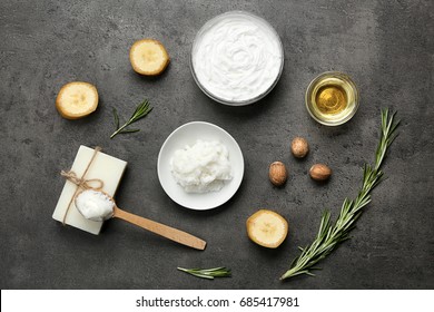 Beautiful composition with shea butter in jar on table - Shutterstock ID 685417981