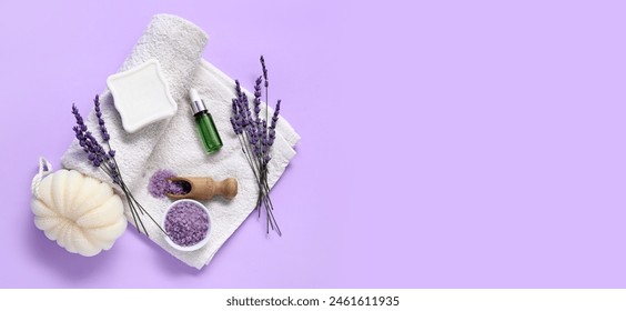 Beautiful composition with spa supplies on lilac background with space for text - Powered by Shutterstock