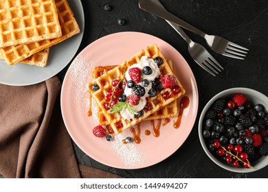 Beautiful composition with sweet waffles, top view - Powered by Shutterstock