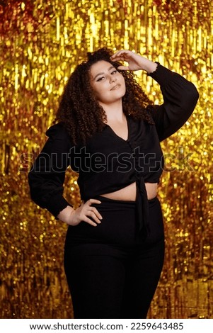 Similar – Image, Stock Photo Long-haired curly woman plus size in a wreath of red poppies stands among a field of meadow flowers and covers her face with a bouquet of poppies