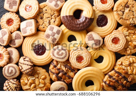 Beautiful cookies assorted close-up. background horizontal view from above
