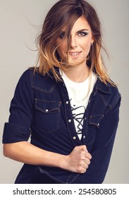 Beautiful Cool Teen Girl Active Fashion Posing In Blue Jeans Shirt With Ombre Hair Wind Blowing