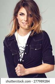 Beautiful Cool Teen Girl Active Fashion Posing In Blue Jeans Shirt With Ombre Hair Wind Blowing