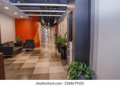 beautiful corridor with vases and green plants - Shutterstock ID 2368679101