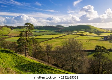 Beautiful countryside and magnificent views of the Somerset countryside from the ramparts of Cadbury hillfort south west England UK - Shutterstock ID 2132625331