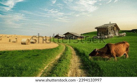Beautiful countryside nature panorama view with green field, cow, hay and rural houses with sheep. Agricultural and ecological products, concept. Sand path leads to wooden houses. Village