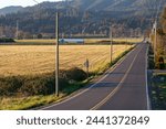 Beautiful countryside road near Tillamook, Oregon Coast, passing through fields, captured during sunset