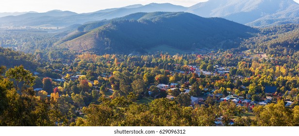 Beautiful Countryside Town In Autumn Aerial Panorama - Bright, Victoria, Australia