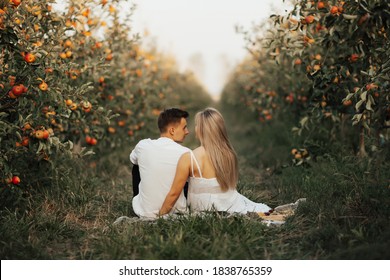 Beautiful couple dressed in elegant clothes sitting on green grass in apples orchard at summer picnic. Back view.  - Powered by Shutterstock