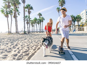 Beautiful couple skating with dog on ocean walk front during a summer vacation - Cheerful happy friends doing sport activity on the beach