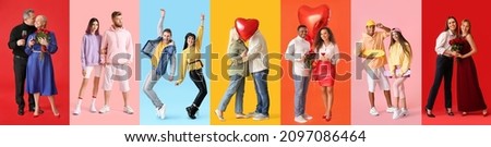 Beautiful couples on color background. Valentines Day celebration