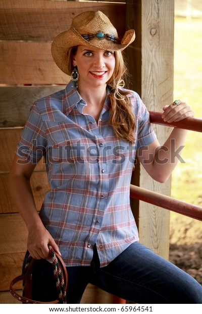 Beautiful Cowgirl Posed Natural Light Rustic Stock Photo 65964541 ...