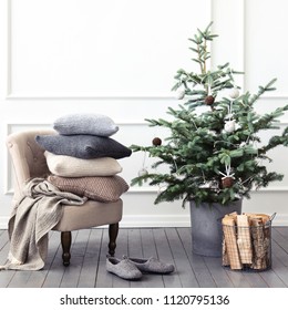 A Beautiful Cozy Home Decorated For Christmas. Natural Christmas Decorations.