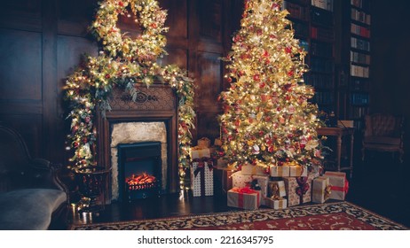 Beautiful Cozy Room With Decorated Christmas Tree, Gifts And Fireplace On New Year Day, No People Are Visible. Home And Celebrations Concept.