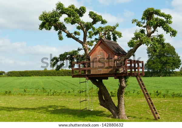 Beautiful creative handmade tree house for kids in\
backyard of a house